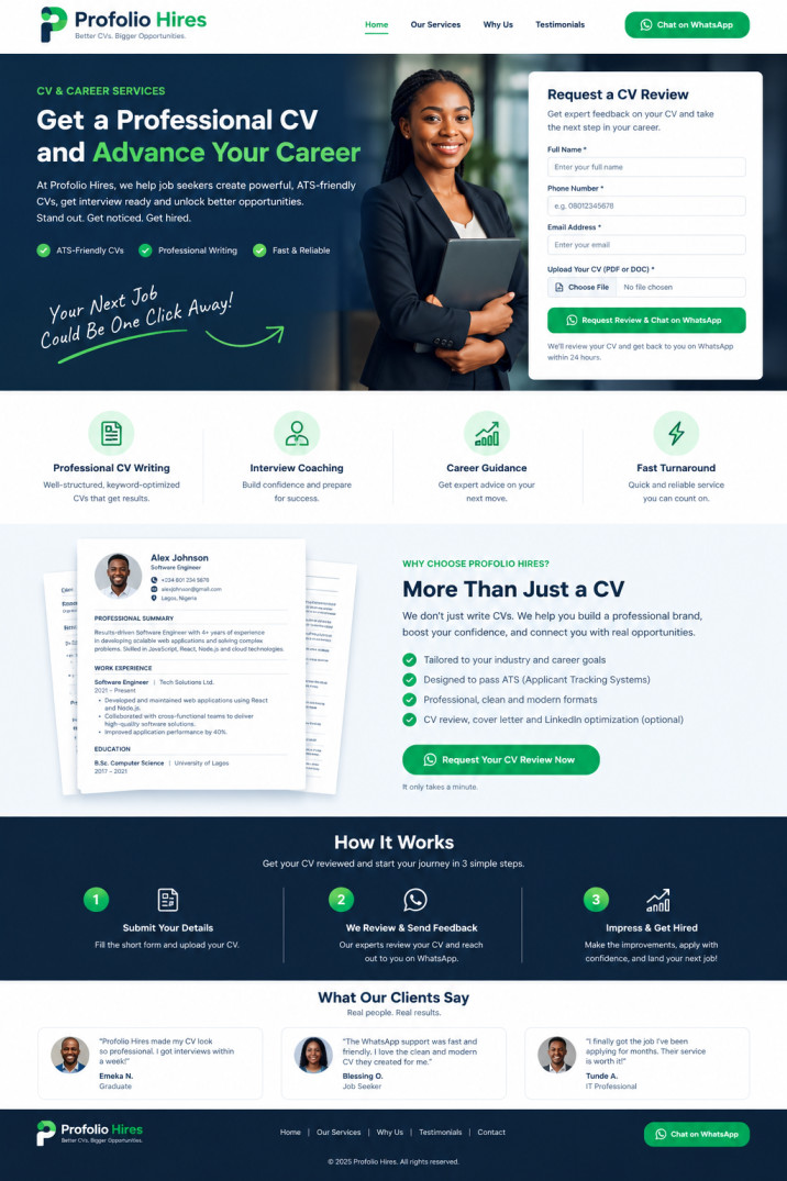 CV and career services website screenshot